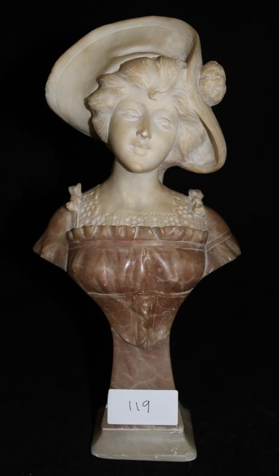 An Art Nouveau carved two colour alabaster bust of a young lady wearing a bonnet, 12in.